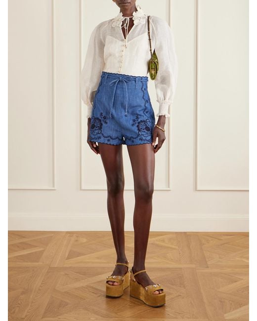 Zimmermann Blue Aster Scalloped Embroidered Denim Shorts