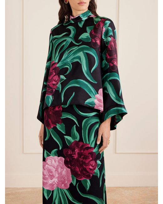 LaDoubleJ Green Make An Exit Floral-Print Silk-Twill Blouse