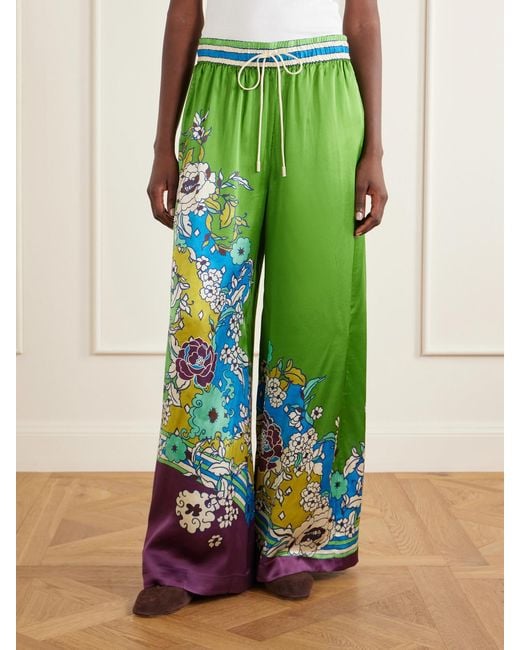 ALÉMAIS Green Nanci Floral-Print Silk-Satn Wide-Leg Pants
