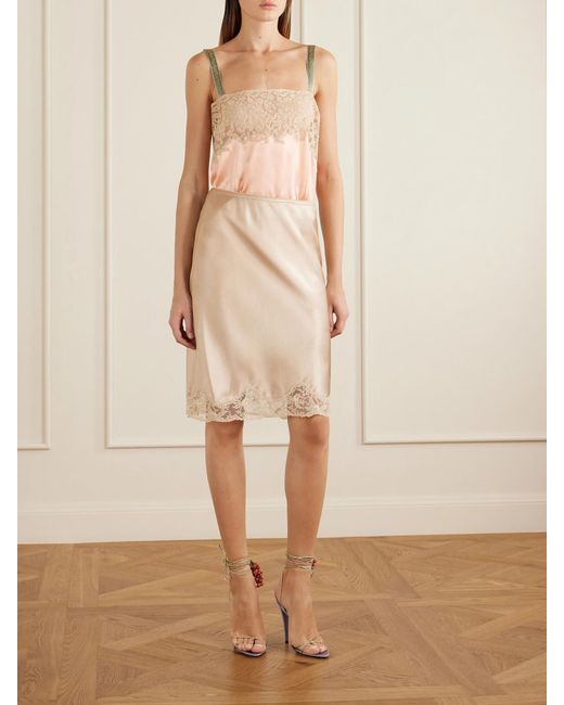 Saint Laurent Natural Lace-Trimmed Silk-Satin Skirt
