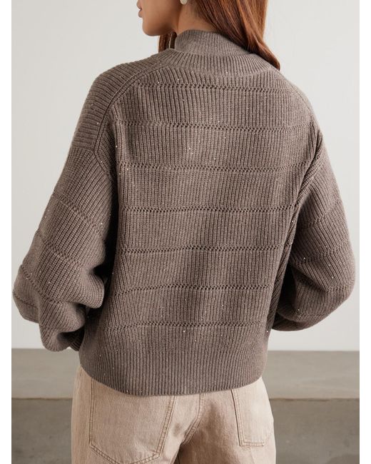 Brunello Cucinelli Brown Cardigan Aus Pointelle-Strick Mit Pailletten