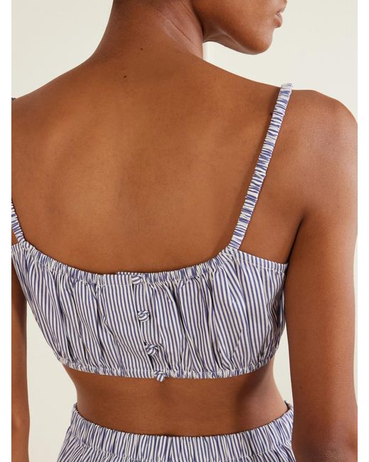 Suzie Kondi Blue Bea Shirred Striped Cotton-Poplin Bandeau Top