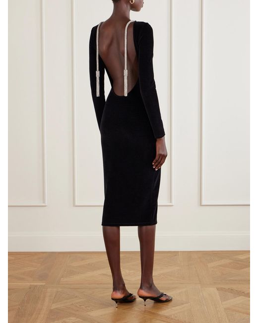Balmain Black Open-Back Embellished Cotton-Blend Velvet Midi Dress