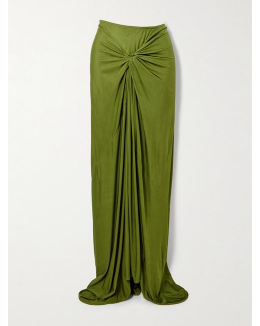 Dries Van Noten Green Gathered Satin-Jersey Maxi Skirt