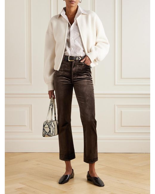 FRAME Black Le Sleek Cropped Cotton-Blend Velvet Bootcut Pants