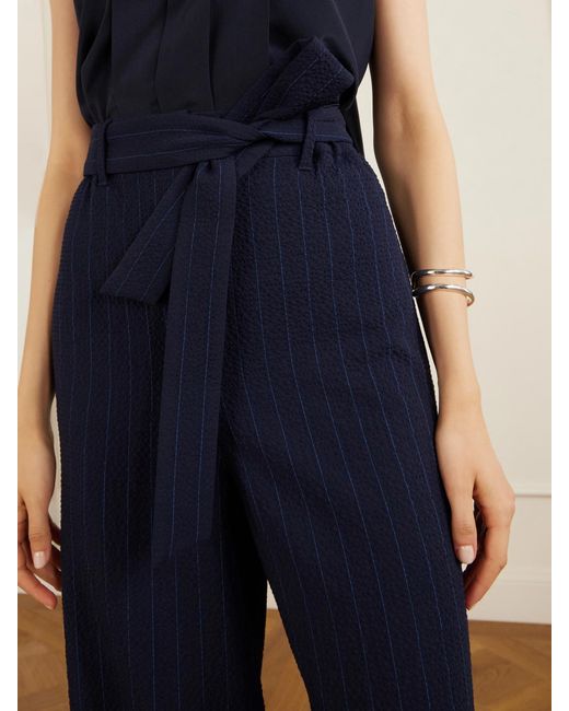 Max Mara Blue Striped Seersucker Virgin Wool-Blend Pants