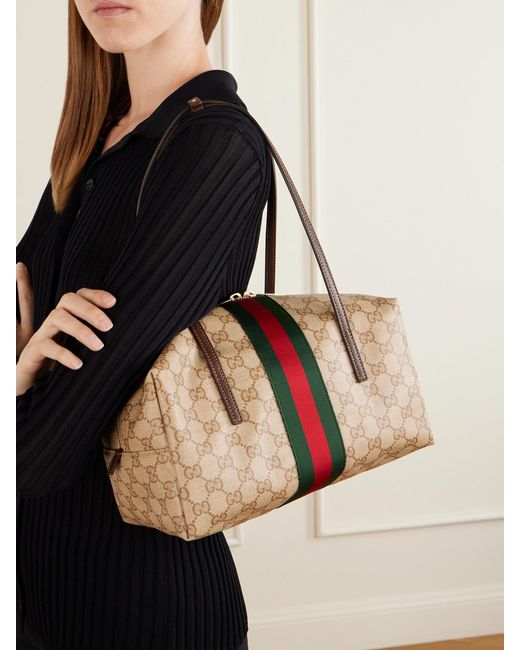 Gucci Boston Leather-Trimmed Coated-Canvas Shoulder Bag in Natural