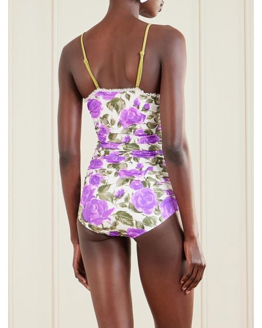 Chloé Pink Bow-Detailed Ruched Lace-Trimmed Floral-Print Swimsuit