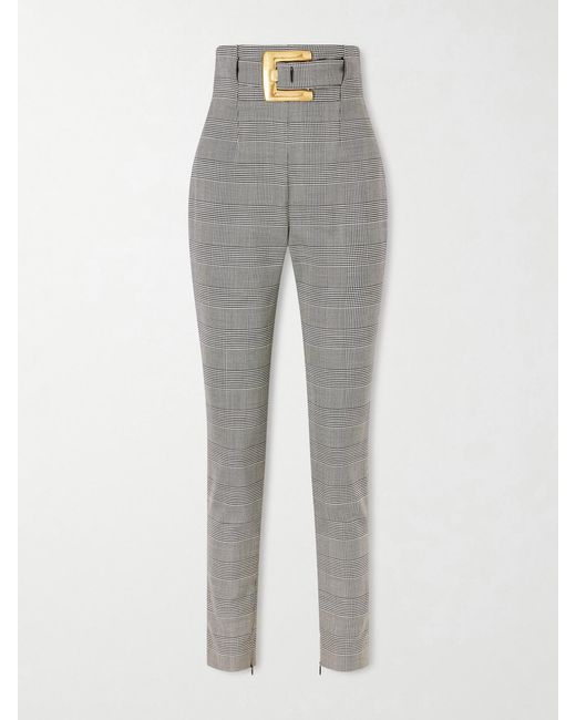 Balmain Gray Belted Prince Of Wales Checked Wool-Blend Skinny Pants