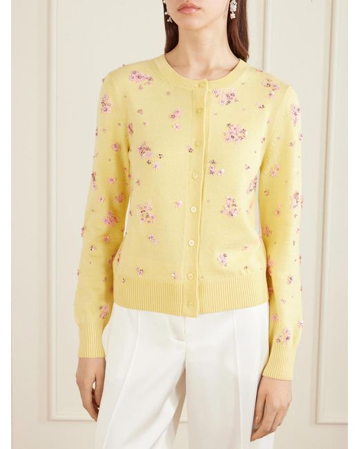 Oscar de la Renta Yellow Crystal-Embellished Wool Cardigan
