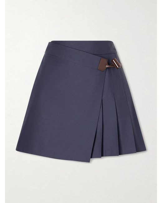Loewe Blue Pleated Leather-Trimmed Cotton-Blend Mini Skirt