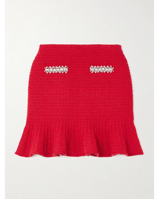 Self-Portrait Red Crystal-Embellished Waffle-Knit Mini Skirt