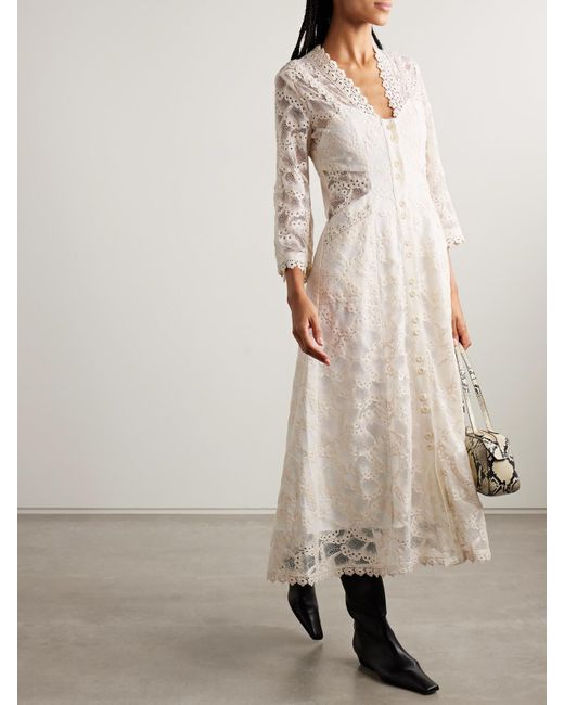 Maison Mayle White Valesca Silk Jacquard-Trimmed Cotton-Blend Guipure Lace Midi Dress