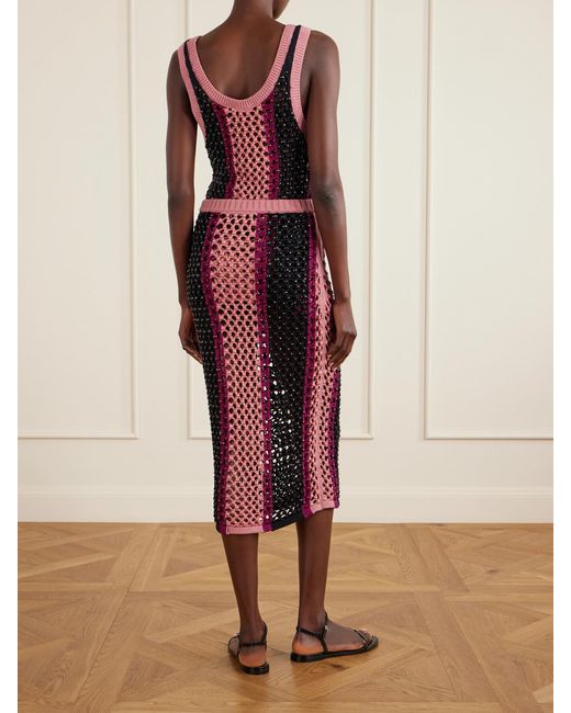 DIOTIMA Red Spice Crystal-Embellished Striped Crocheted Cotton-Blend Midi Skirt