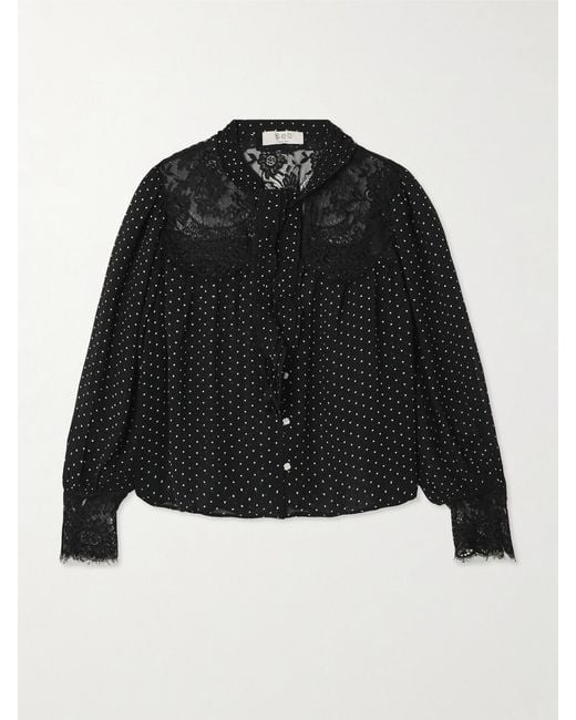 Sea Black Melody Tie-Detailed Lace-Trimmed Polka-Dot Crepe De Chine Blouse