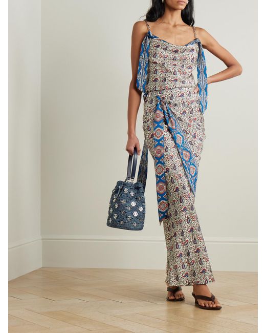 Rabanne Blue Chain-Detailed Paisley-Print Crepe Top