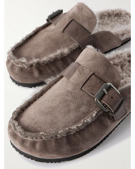 Brunello Cucinelli Brown Buckled Shearling Slip-Ons