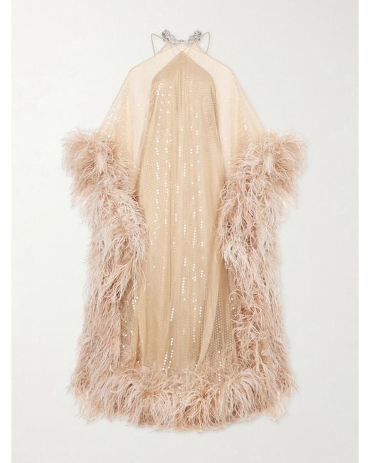 ‎Taller Marmo Natural Sza Sza Disco Embellished Feather-Trimmed Tulle Gown