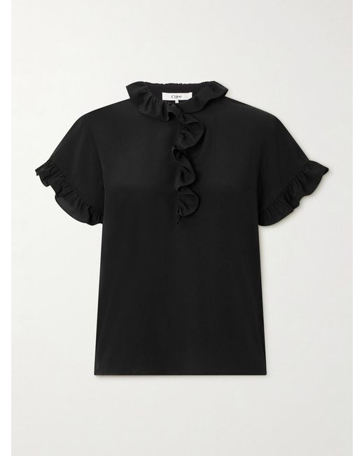 Chloé Black Ruffled Silk Crepe De Chine Blouse