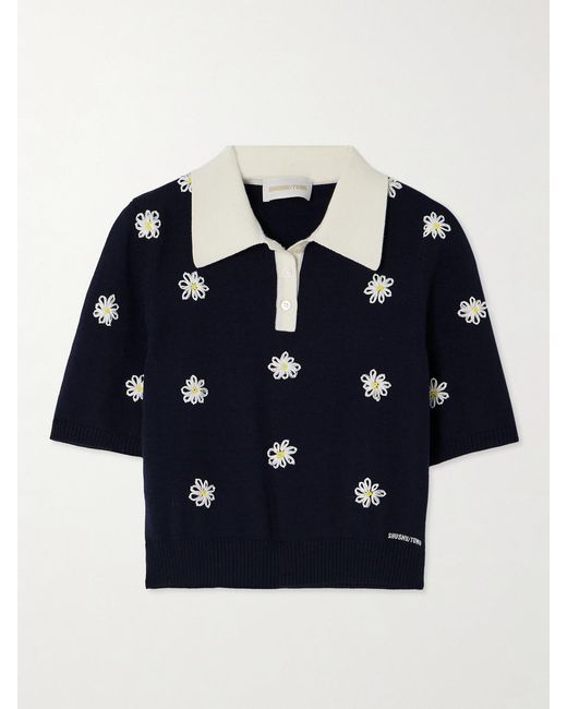 ShuShu/Tong Blue Cropped Embroidered Knitted Polo Shirt