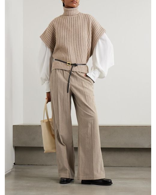 Brunello Cucinelli Natural Gathered Cotton-Blend Corduroy Wide-Leg Pants