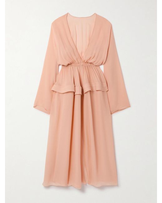 Alaïa Pink Gathered Georgette Peplum Midi Dress