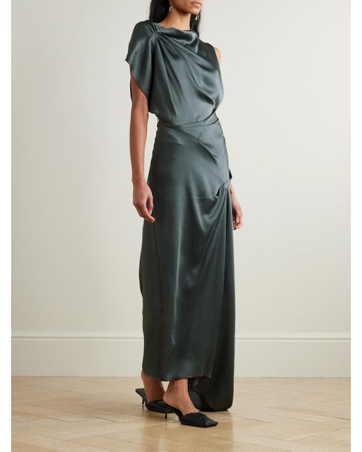 Victoria Beckham Green Asymmetrisches Midikleid Aus Satin Mit Raffungen