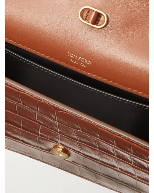 Tom Ford Brown Small Glossed Croc-Effect Leather Shoulder Bag