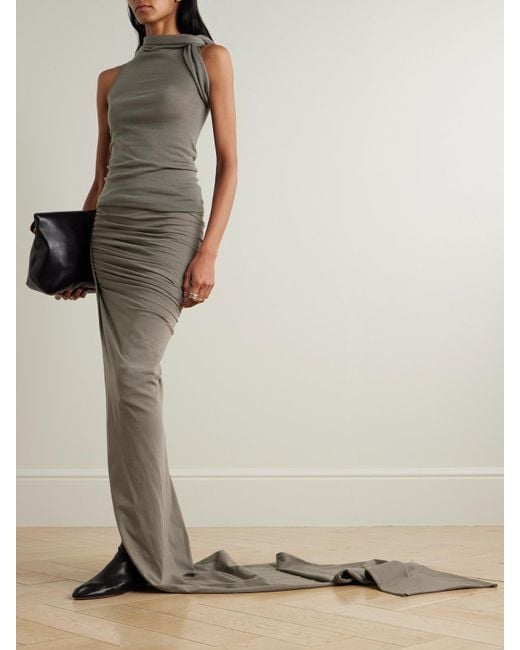Rick Owens Gray Edfu Asymmetric Ruched Cotton-Jersey Maxi Skirt
