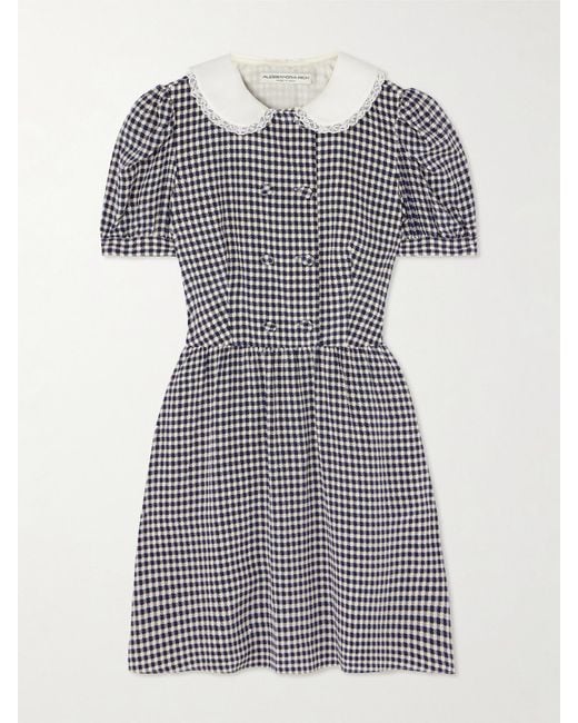 Alessandra Rich Blue Minikleid Aus Seiden-Crêpe Mit Gingham-Karo Und Spitzenbesatz