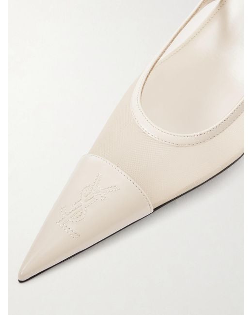 Saint Laurent White Renée Cassandre-Embroidered Patent Leather-Trimmed Mesh Slingback Pumps