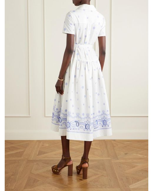 Self-Portrait Blue Belted Embroidered Cotton-Poplin Midi Shirt Dress