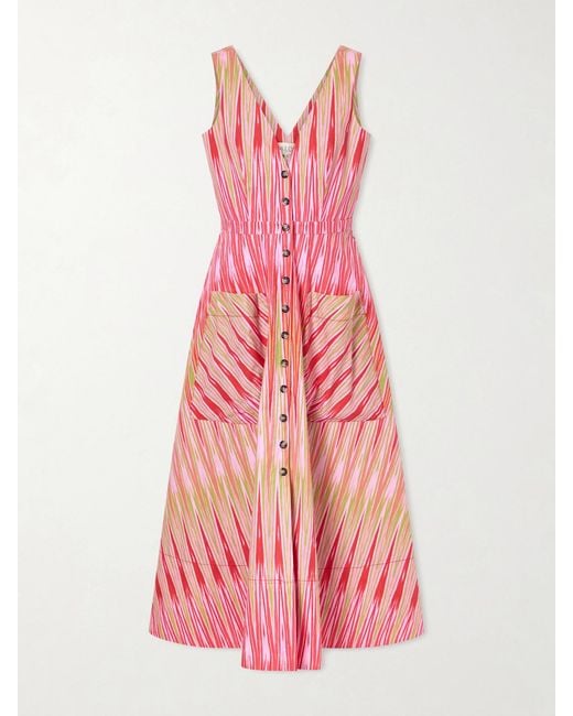 Saloni Pink Zoey Printed Cotton-Poplin Midi Dress