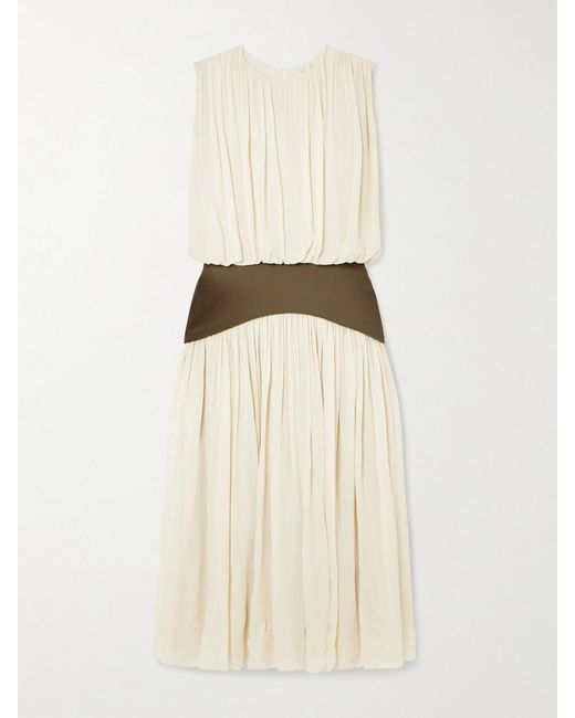 Abadia Natural Bubble Grain De Poudre-Trimmed Pleated Chiffon Gown