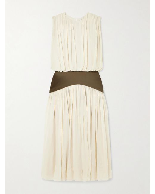 Abadia Natural Bubble Grain De Poudre-Trimmed Pleated Chiffon Gown