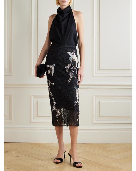 Costarellos Black Vivi Embellished Corded Lace Midi Skirt