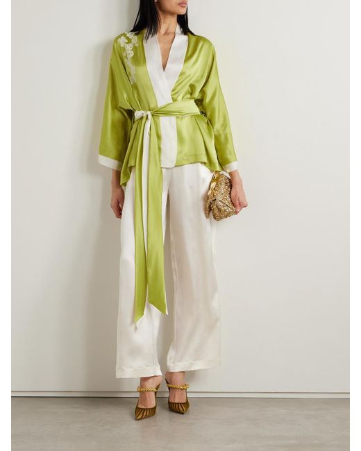 Belted lace-trimmed silk-satin robe