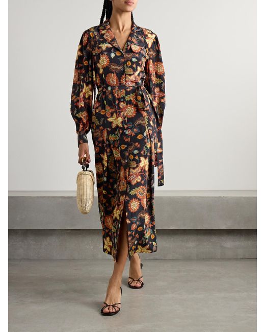 Ulla Johnson Black Giselle Belted Floral-Print Silk Midi Dress