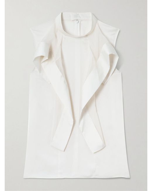 Sacai White Ruffled Satin-Trimmed Chiffon Blouse