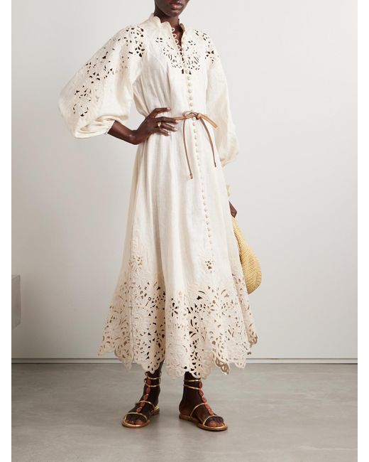 Zimmermann Natural Wylie Belted Broderie Anglaise Linen Midi Dress