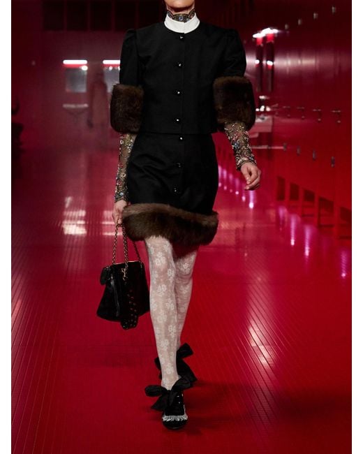 Valentino Garavani Black Cropped Shearling-Trimmed Embellished Silk Jacket