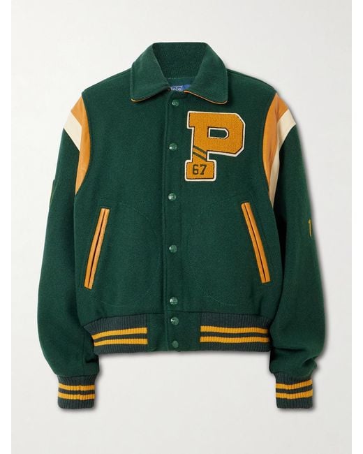 Polo Ralph Lauren Green Appliquéd Striped Leather-Trimmed Wool-Blend Varsity Jacket