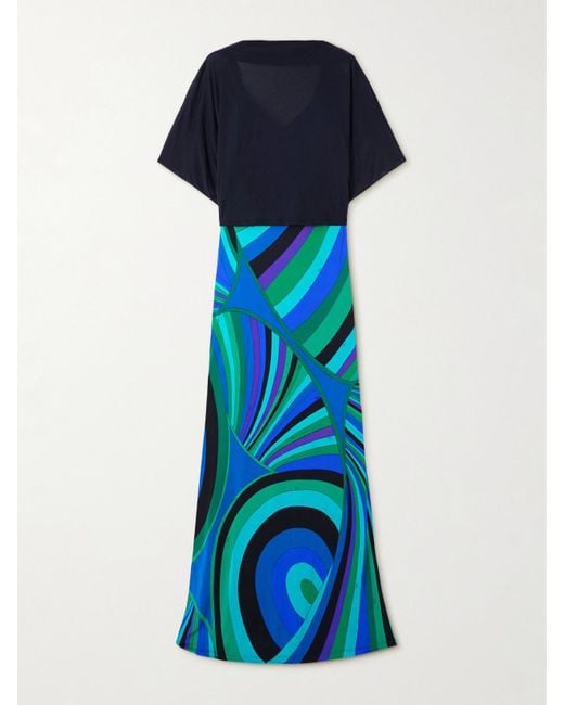 Emilio Pucci Blue Layered Cotton And Silk-Blend And Printed Jersey Maxi Dress