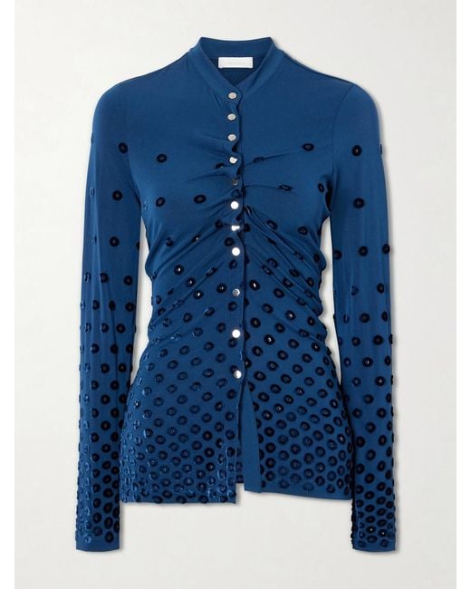 Rabanne Blue Gathered Flocked Jersey Blouse