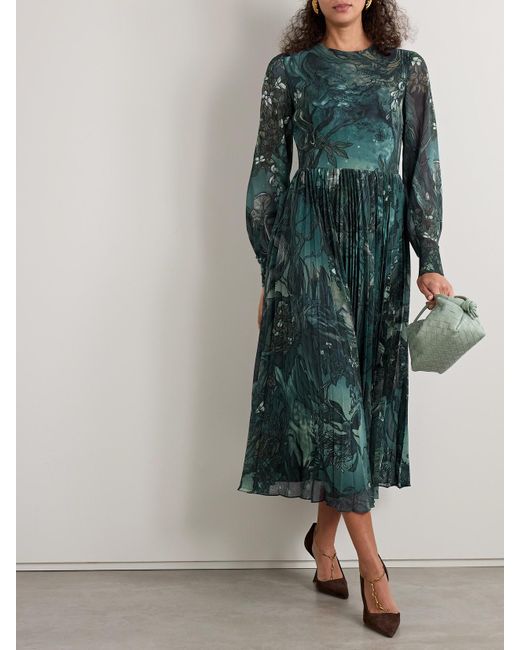 Jason Wu Green Printed Plissé-Chiffon Midi Dress