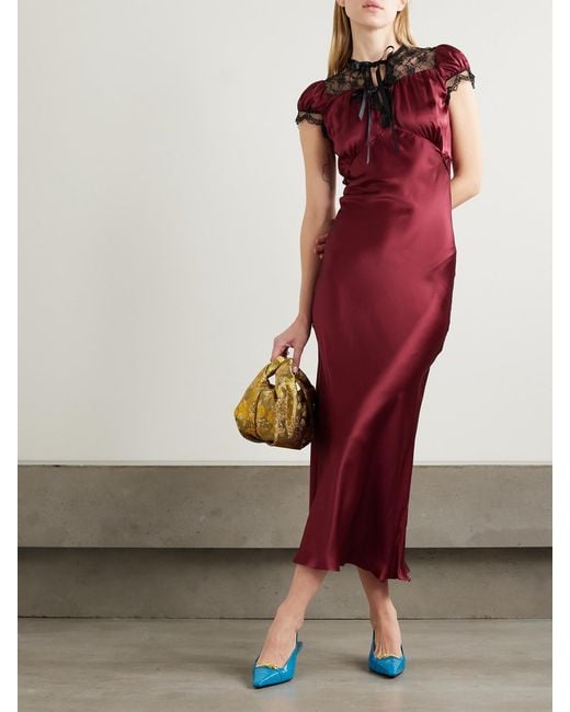 Rodarte Red Lace-Trimmed Silk-Satin Midi Dress