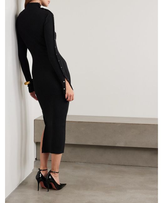 Courreges Black Embroidered Ribbed-Knit Midi Turtleneck Dress