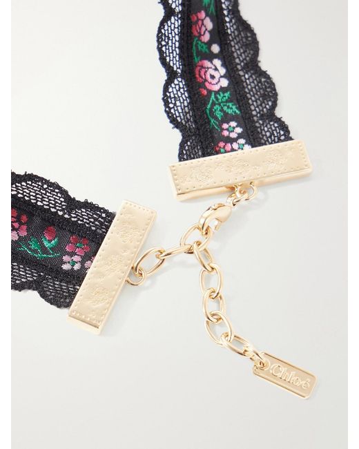 Chloé Black Ribbon Lace-Trimmed Floral-Jacquard-Tone Choker