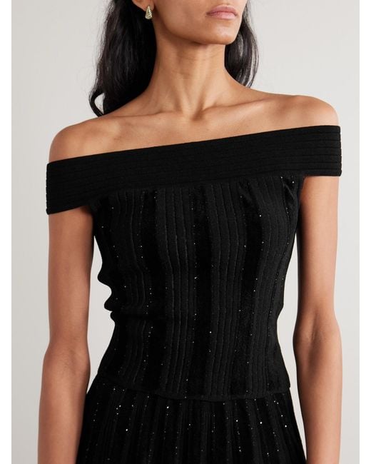 Balmain Black Off-The-Shoulder Glittered Velvet And Ribbed-Knit Top