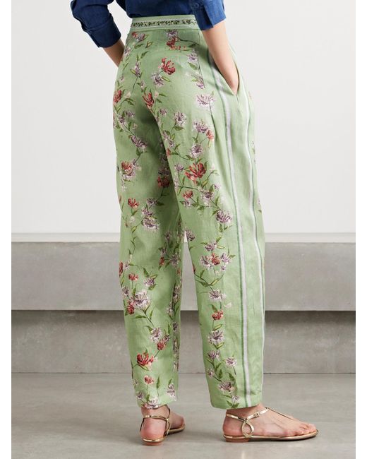 Agua Bendita Green Florecer Honeysuckle Pleated Embroidered Floral-Print Linen Tapered Pants